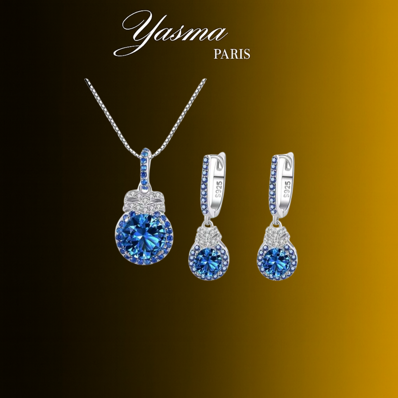 Collier & Boucles d’oreilles SAPHIRA - Argent massif 925 & pierres en Zircon bleu.